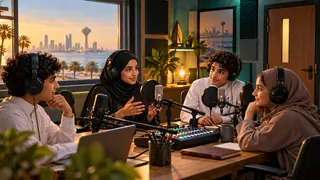 مشهد توضيحي من استوديو بودكاست مدرسي في الخبر، في زمن معاصر.