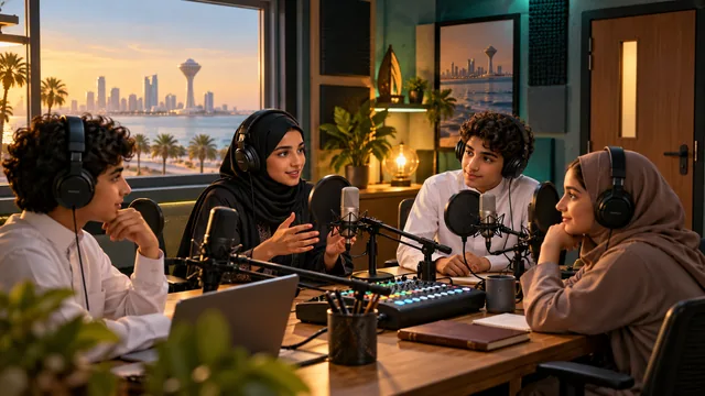 مشهد توضيحي من استوديو بودكاست مدرسي في الخبر، في زمن معاصر.