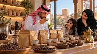 مشهد توضيحي من ركن تذوق القهوة في بريدة، في زمن معاصر.