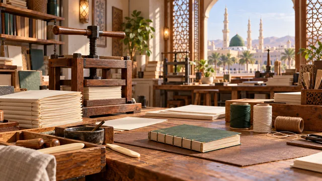 مشهد توضيحي من ورشة تجليد تعليمية في المدينة المنورة، في زمن معاصر.