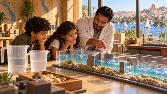 مشهد توضيحي من مختبر نماذج مائية في أسوان، في زمن معاصر.