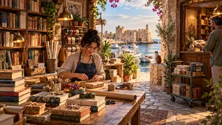 مشهد توضيحي من ورشة تغليف كتب مستعملة في صيدا، في زمن معاصر.