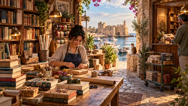 مشهد توضيحي من ورشة تغليف كتب مستعملة في صيدا، في زمن معاصر.