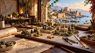 مشهد توضيحي من ورشة خرائط مصغرة في جبيل، في زمن معاصر.