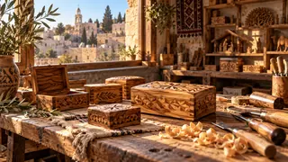 مشهد توضيحي من ورشة هدايا خشبية في بيت لحم، في زمن معاصر.