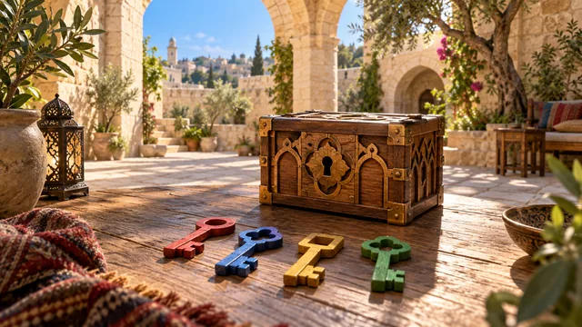 مشهد توضيحي من فناء مركز حكايات خيالي في القدس، في زمن معاصر.