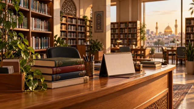 مشهد توضيحي من مكتبة أنشطة عامة في النجف، في زمن معاصر.