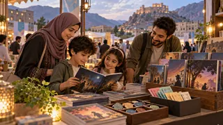 مشهد توضيحي من معرض كتب خيالي في تعز، في زمن معاصر.