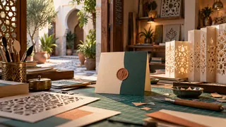 مشهد توضيحي من مرسم ورق في الرباط، في زمن معاصر.
