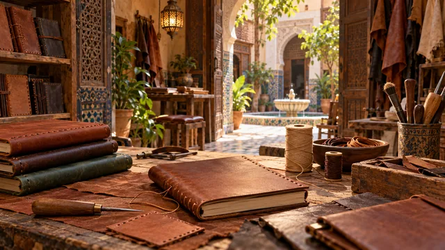 مشهد توضيحي من مشغل تجليد دفاتر في فاس، في زمن معاصر.