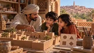 مشهد توضيحي من ورشة نماذج بيوت في غرداية، في زمن معاصر.