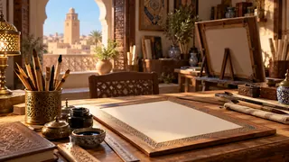مشهد توضيحي من مرسم خط عربي في القيروان، في زمن معاصر.