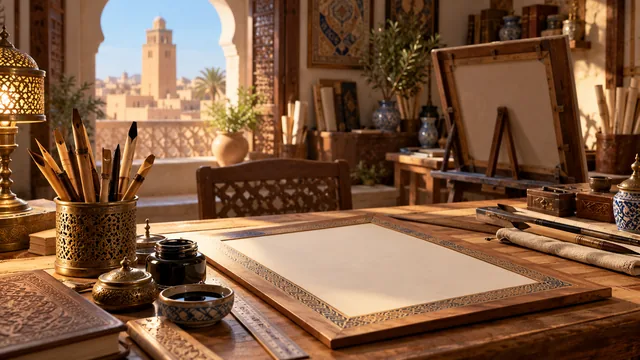 مشهد توضيحي من مرسم خط عربي في القيروان، في زمن معاصر.