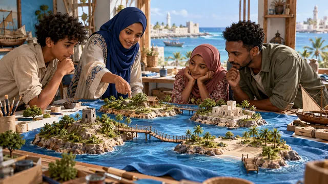 مشهد توضيحي من نادي مجسمات ساحلية خيالي في كيسمايو، في زمن معاصر.